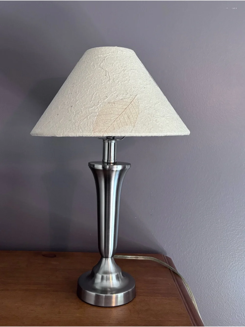 Brushed Nickel Table Lamp with Off White Leaf-Textured Shade